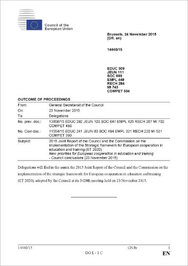 2015 Joint Report of the Council and the Commission on the implementation of the Strategic. New priorities for European cooperation in education and training